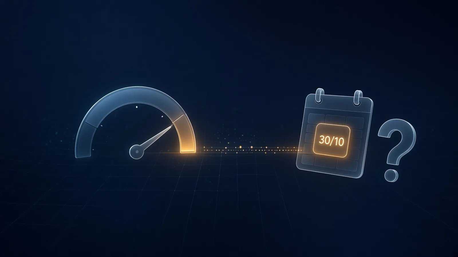 Abstract illustration of a usage gauge dropping toward a calendar marked 30/10, next to a question mark