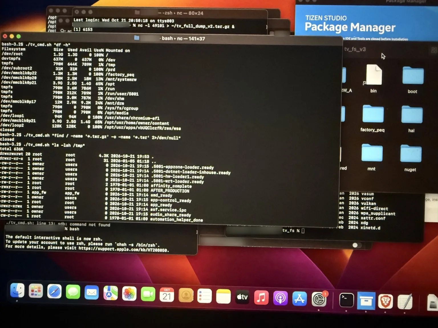 Screenshot from the researcher's post: a root shell on his Samsung TV, summarized as PRIVACY HORROR.