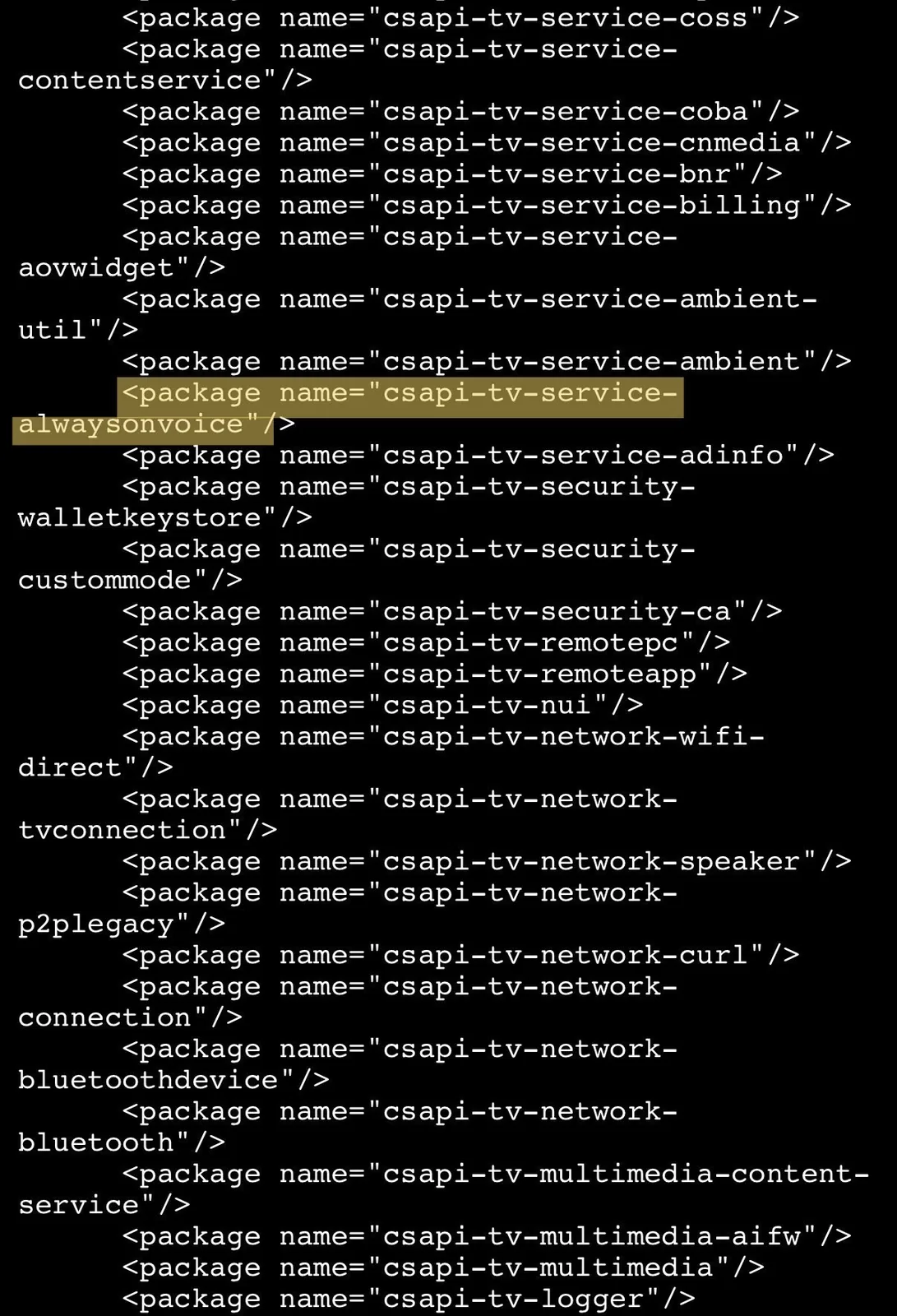 The TV security policy listing the package csapi-tv-service-alwaysonvoice, which the researcher calls always-on hot mic functionality, next to ACR and other services.