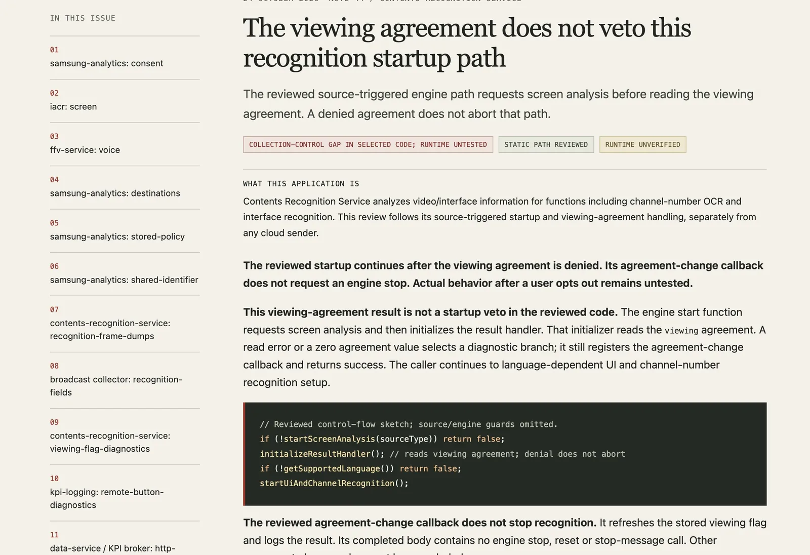 A page from the researcher's write-up tagged STATIC PATH REVIEWED and RUNTIME UNVERIFIED.