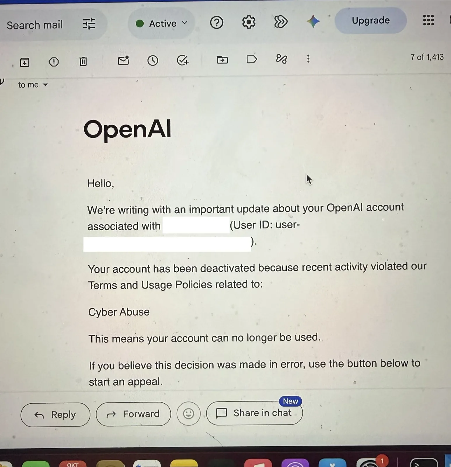 Screenshot of an OpenAI email saying the researcher's account was deactivated for violating its policies on Cyber Abuse.